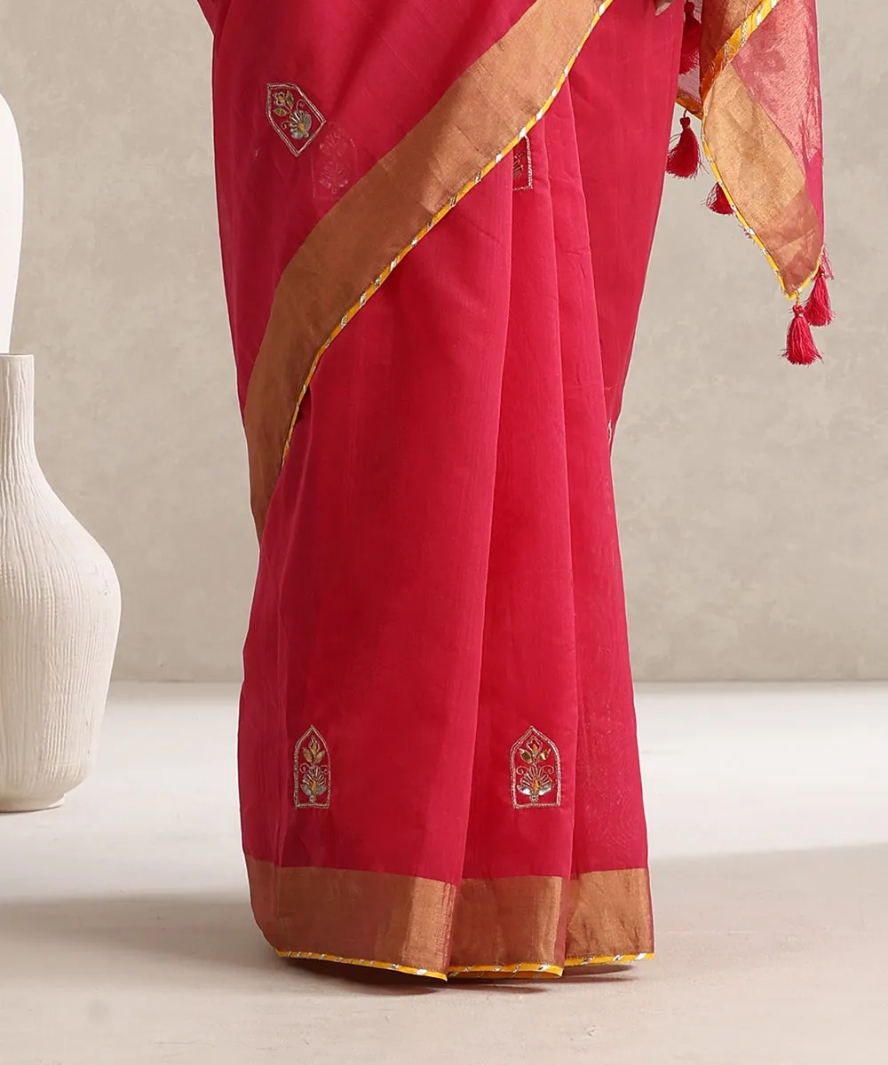 Gulal Pink Handloom Pure Chanderi Saree With Hand Embroidery And Yellow Lace