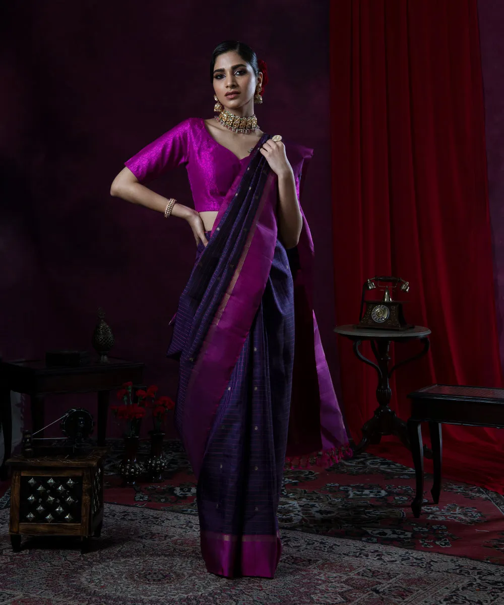 Handloom Dark Purple And Pink Checks Kanjivaram Silk Saree