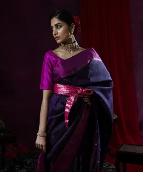 Handloom Dark Purple And Pink Checks Kanjivaram Silk Saree