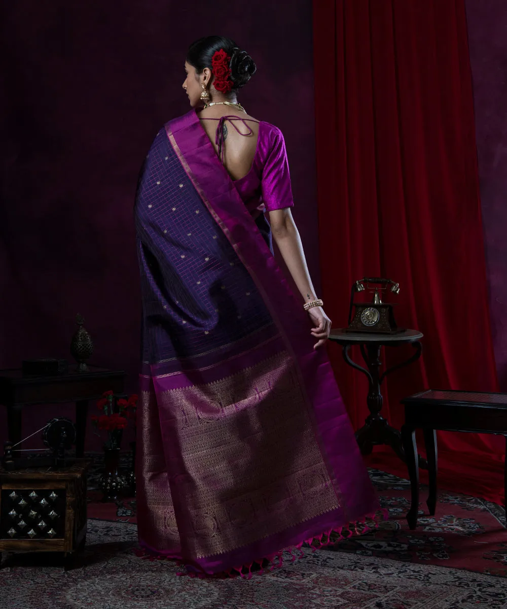 Handloom Dark Purple And Pink Checks Kanjivaram Silk Saree