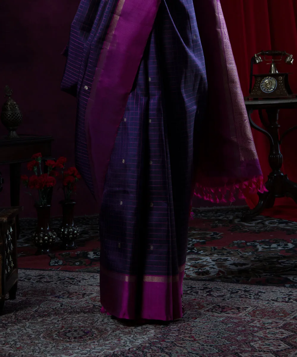 Handloom Dark Purple And Pink Checks Kanjivaram Silk Saree