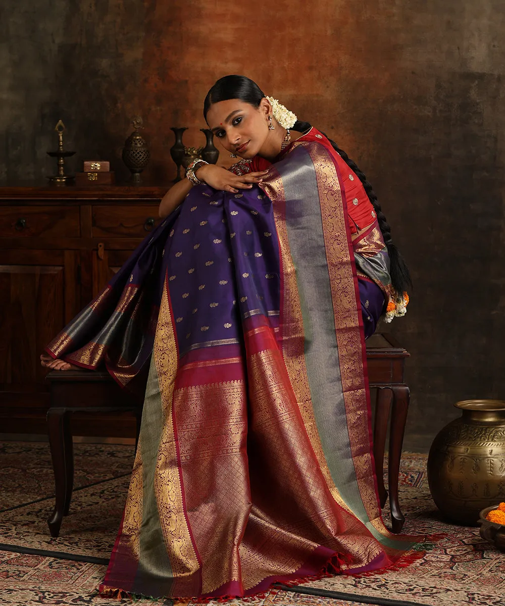 Handloom Dark Purple Pure Silk and Pure Zari Kanjivaram Saree With Wine Vanasingram Border