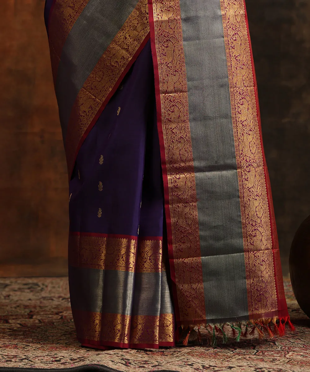 Handloom Dark Purple Pure Silk and Pure Zari Kanjivaram Saree With Wine Vanasingram Border