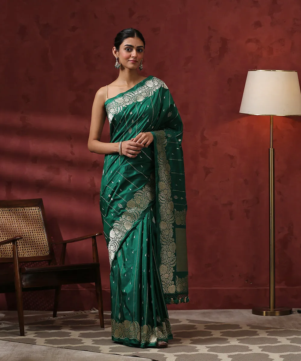 Handloom Green Pure Katan Silk Striped Banarasi Saree