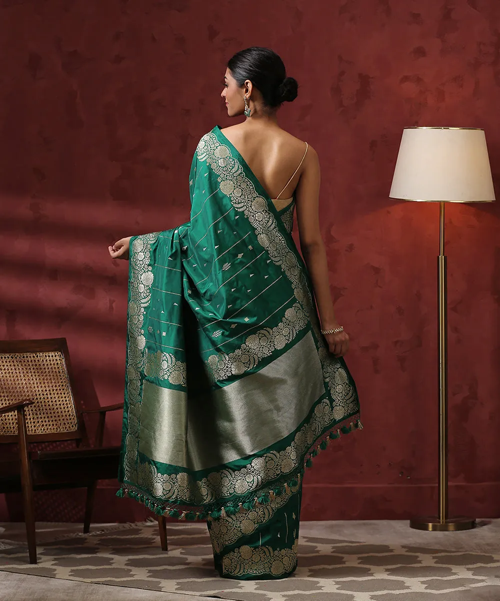 Handloom Green Pure Katan Silk Striped Banarasi Saree