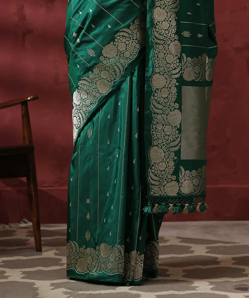 Handloom Green Pure Katan Silk Striped Banarasi Saree