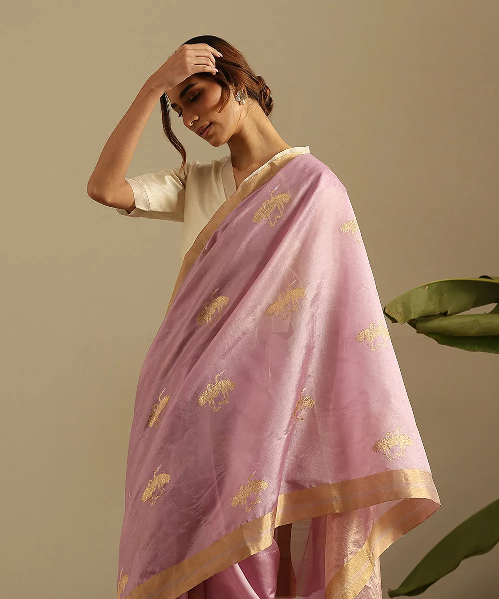 Handloom Lavender Pure Silk Chanderi Saree With Birds Woven In Gold Zari