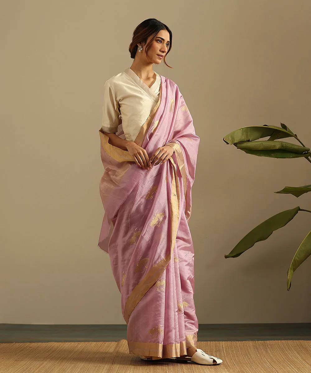 Handloom Lavender Pure Silk Chanderi Saree With Birds Woven In Gold Zari