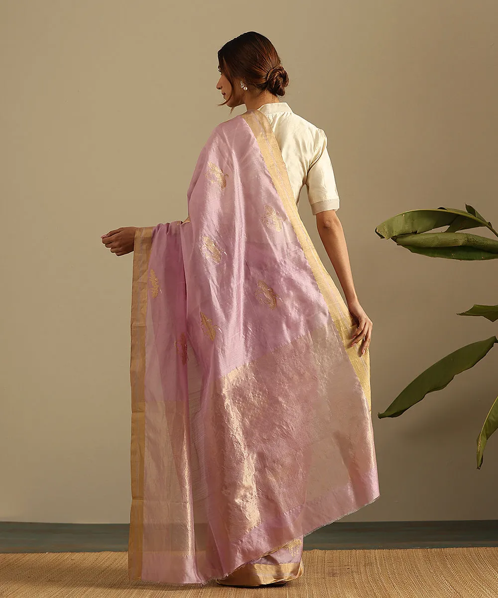 Handloom Lavender Pure Silk Chanderi Saree With Birds Woven In Gold Zari