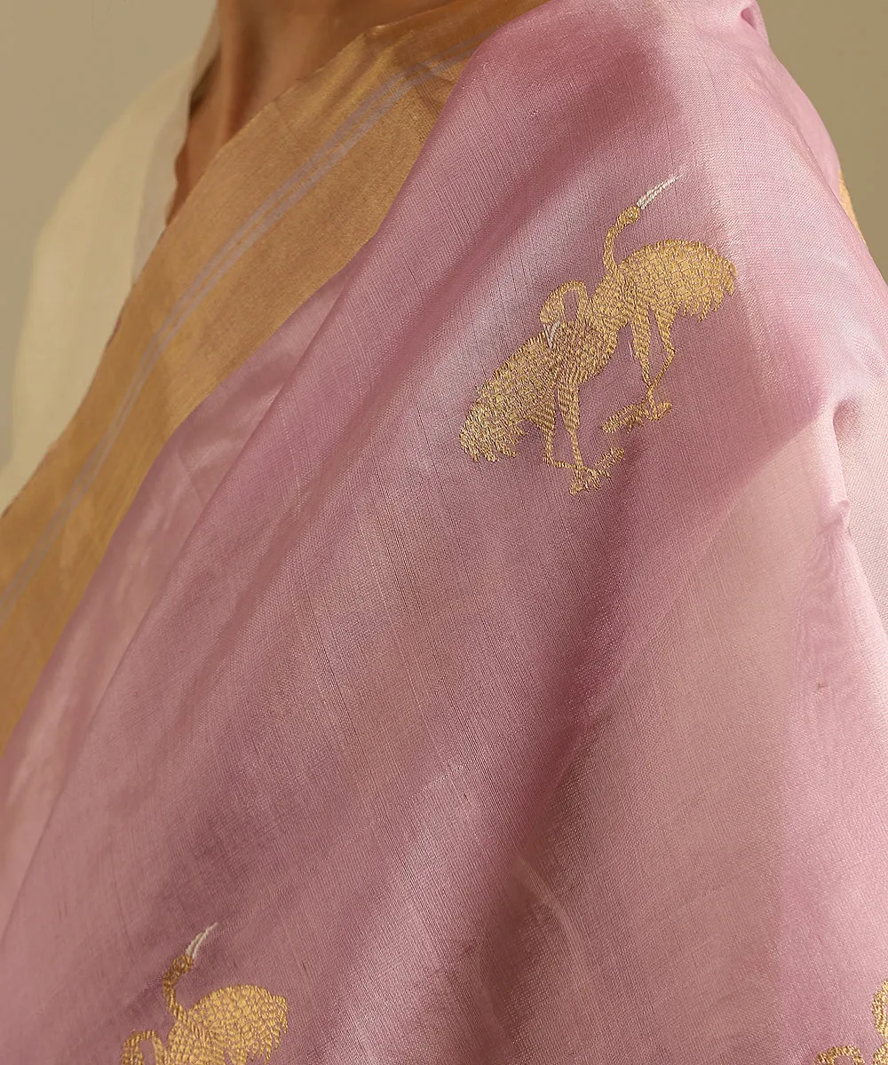 Handloom Lavender Pure Silk Chanderi Saree With Birds Woven In Gold Zari