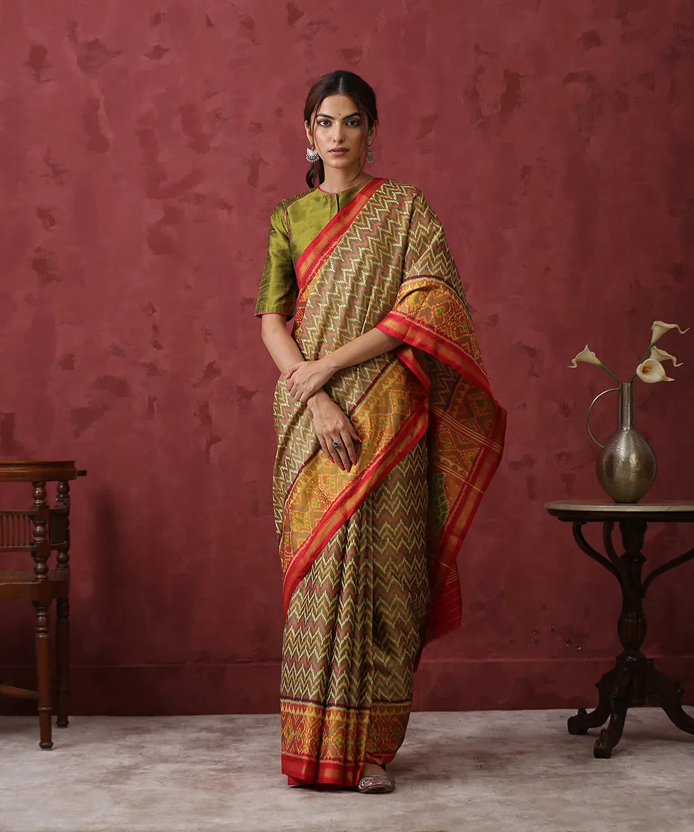 Handloom Mustard Chevron Pattern Mulberry Silk Patola Saree