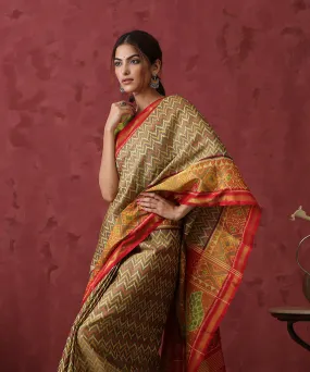 Handloom Mustard Chevron Pattern Mulberry Silk Patola Saree