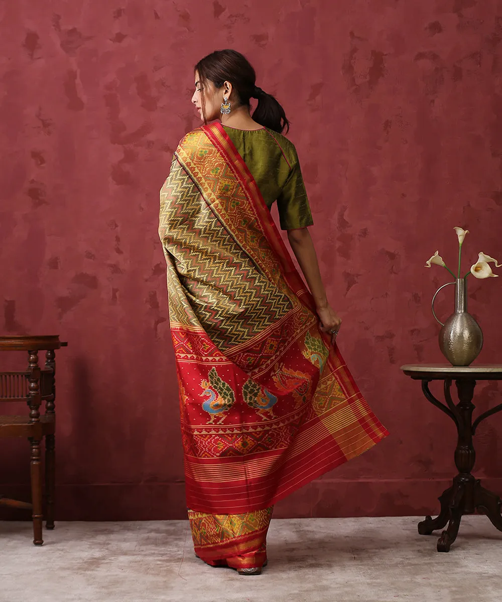 Handloom Mustard Chevron Pattern Mulberry Silk Patola Saree