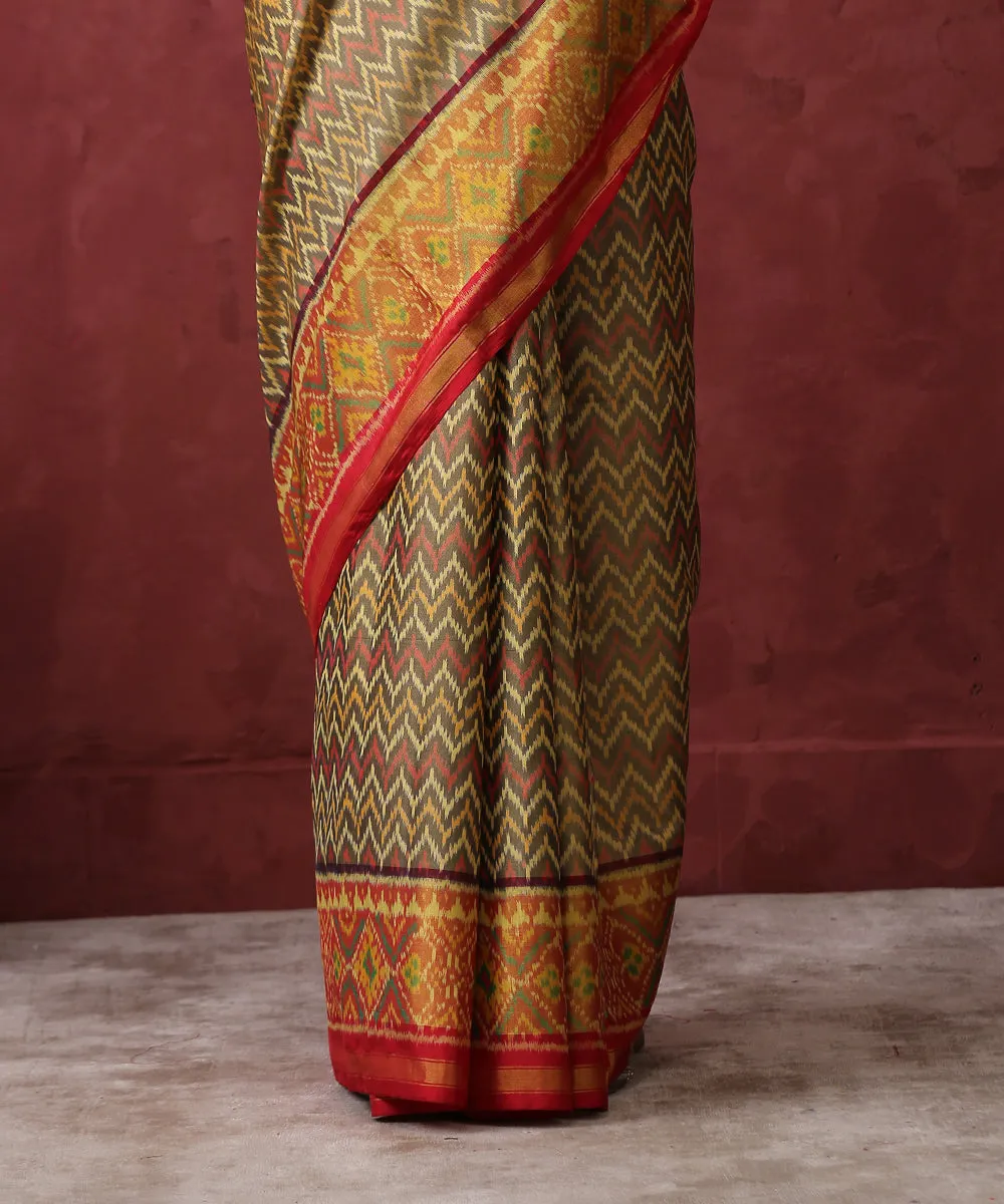 Handloom Mustard Chevron Pattern Mulberry Silk Patola Saree