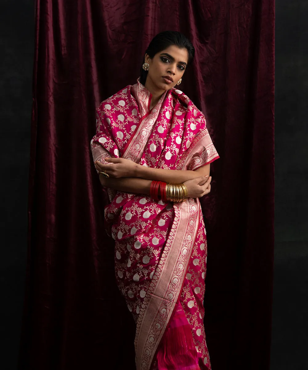 Handloom Pink Pure Katan Silk Banarasi Saree with Sona Rupa Bareek Jangla