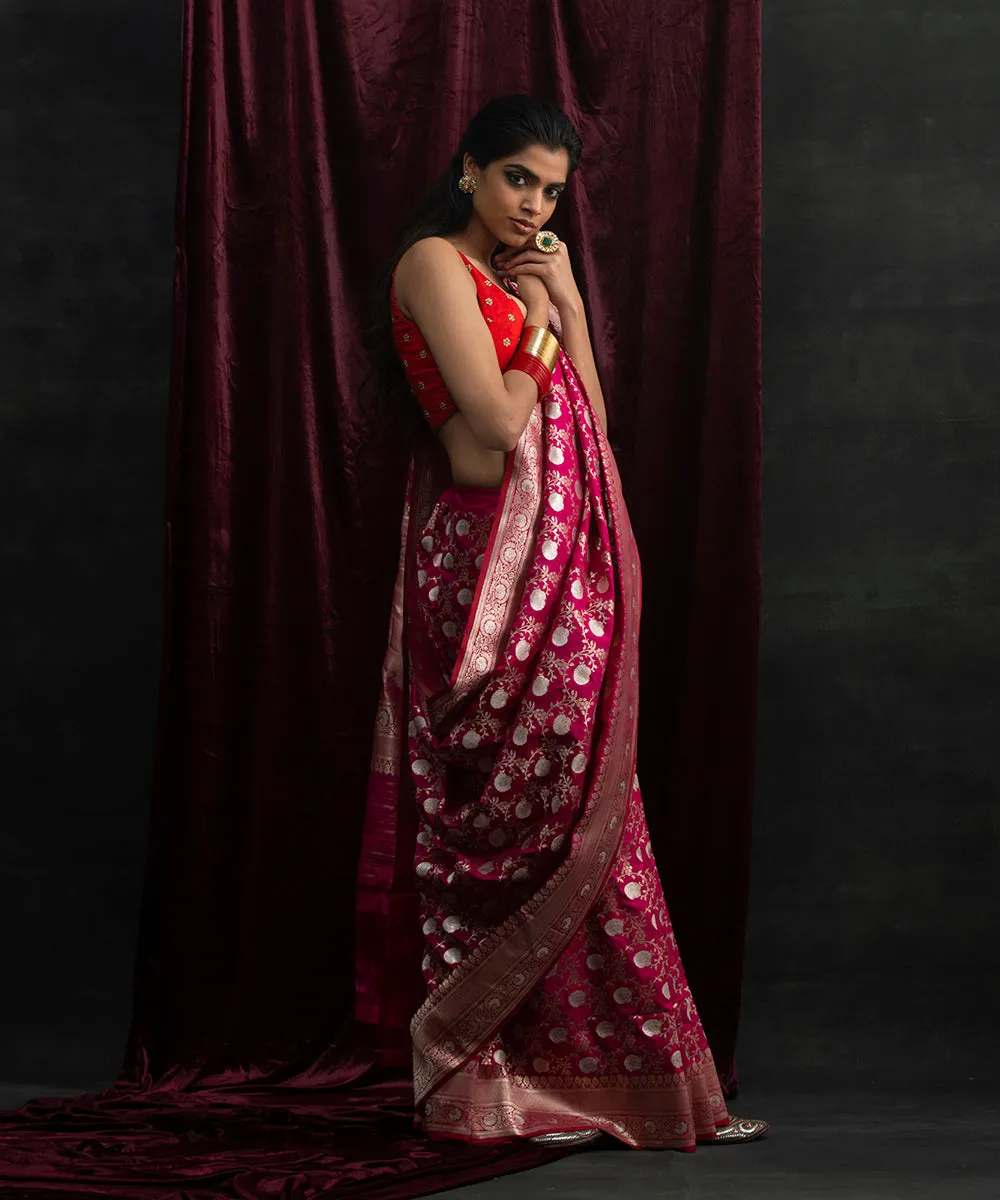 Handloom Pink Pure Katan Silk Banarasi Saree with Sona Rupa Bareek Jangla