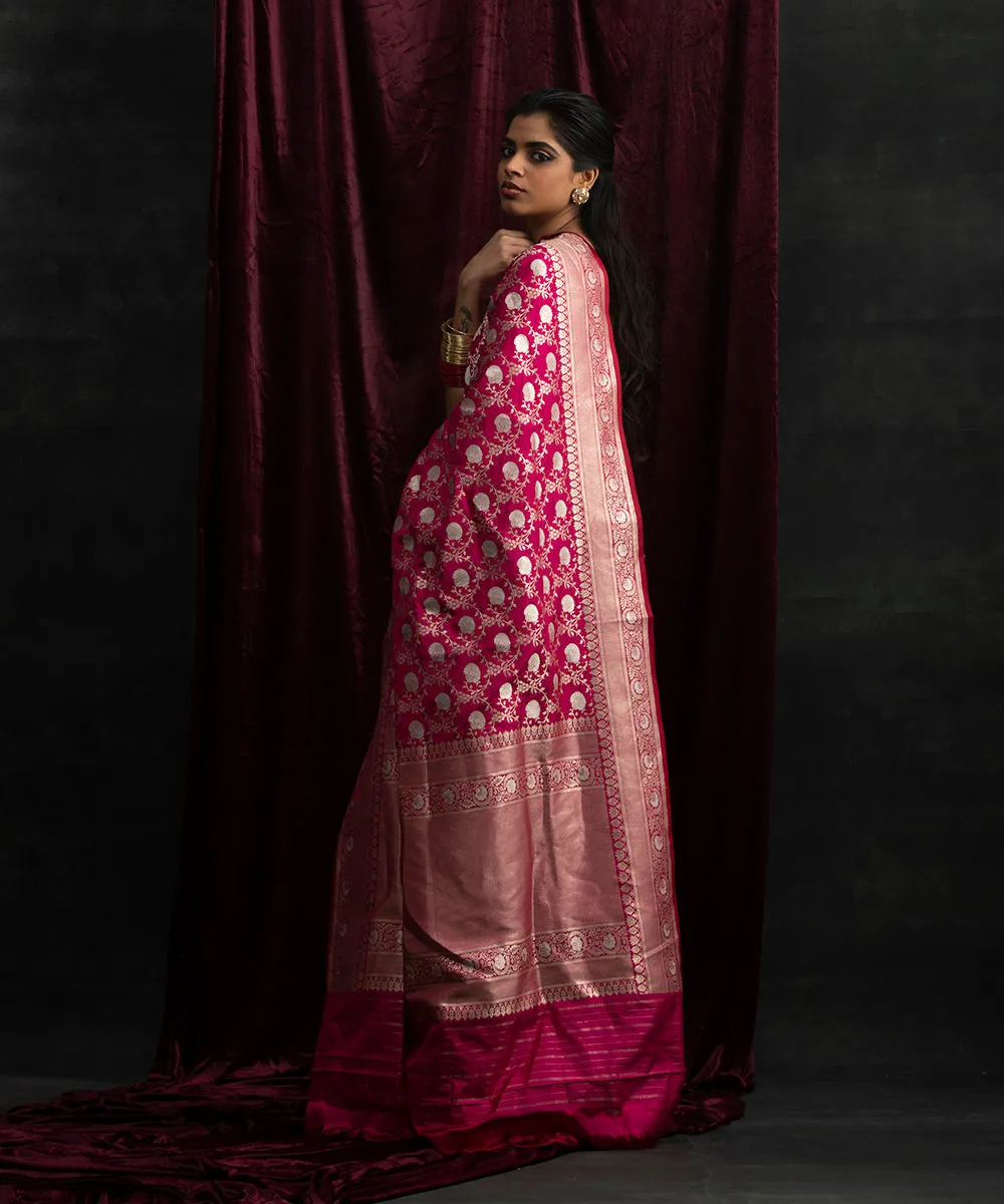 Handloom Pink Pure Katan Silk Banarasi Saree with Sona Rupa Bareek Jangla