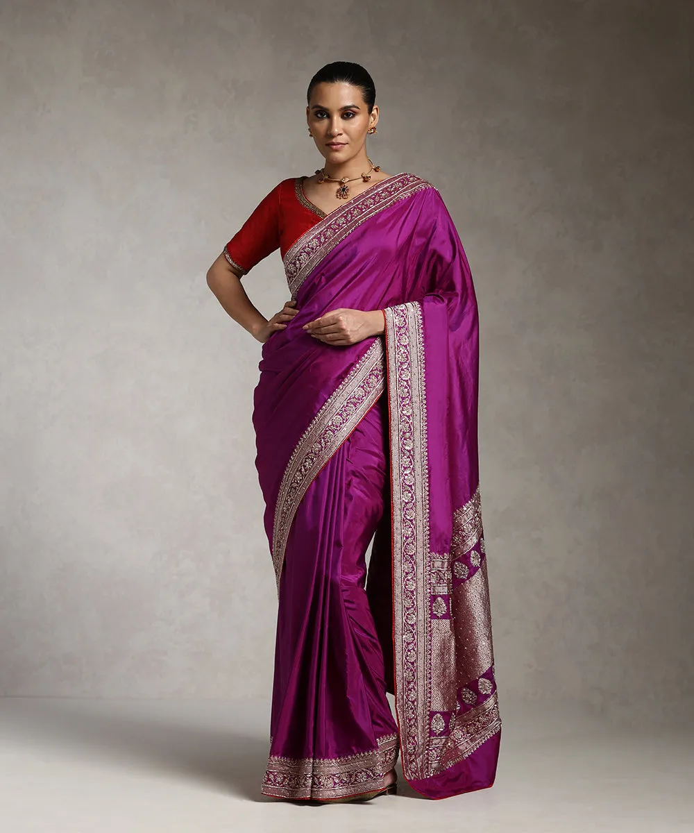 Handloom Purple Pure Katan Silk Banarasi Saree With Embroidery On Borders With All Over Boota