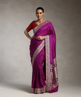 Handloom Purple Pure Katan Silk Banarasi Saree With Embroidery On Borders With All Over Boota