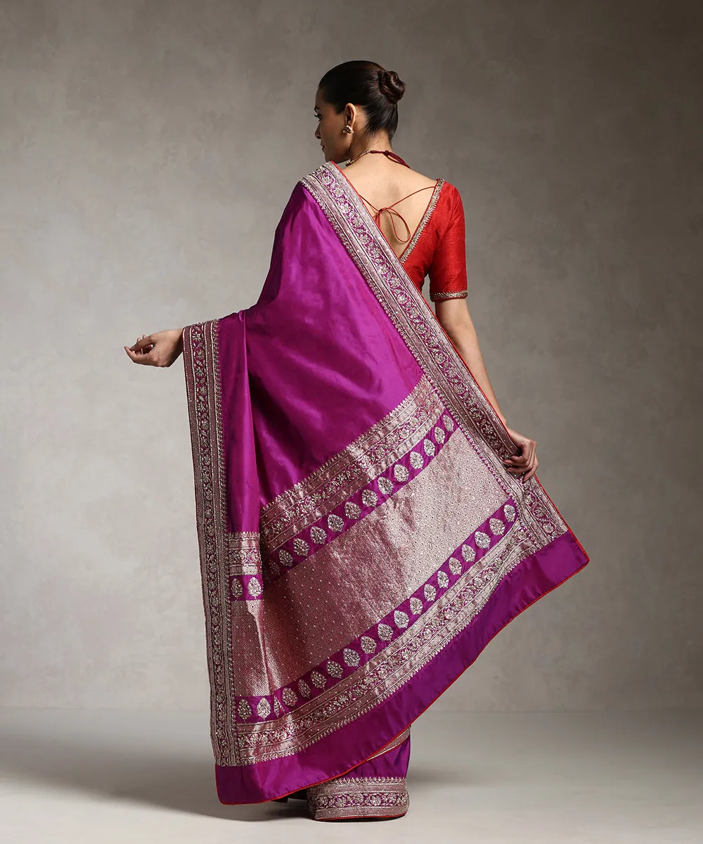 Handloom Purple Pure Katan Silk Banarasi Saree With Embroidery On Borders With All Over Boota