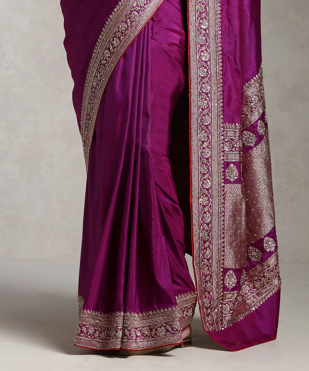 Handloom Purple Pure Katan Silk Banarasi Saree With Embroidery On Borders With All Over Boota