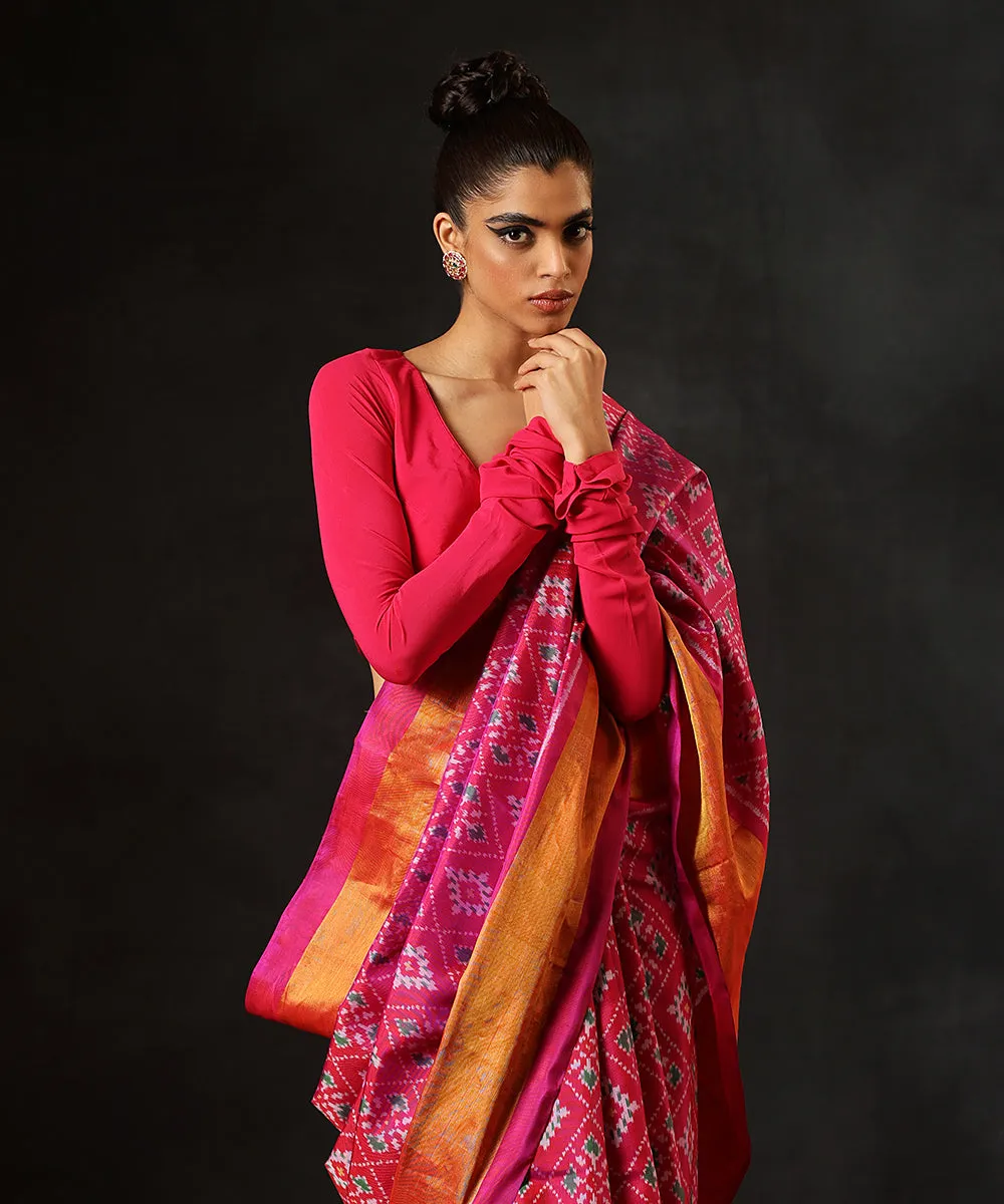 Handloom Rani Pink Double Shade Pure Mulberry Silk Single Ikat Patola Saree With Tissue Border