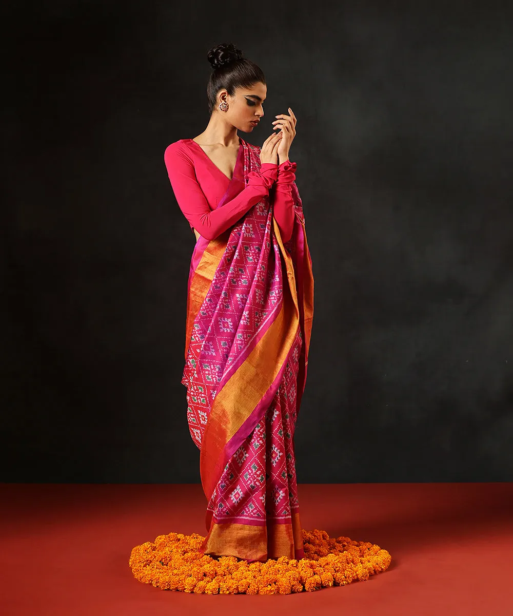 Handloom Rani Pink Double Shade Pure Mulberry Silk Single Ikat Patola Saree With Tissue Border