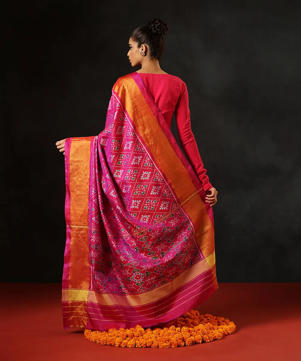 Handloom Rani Pink Double Shade Pure Mulberry Silk Single Ikat Patola Saree With Tissue Border