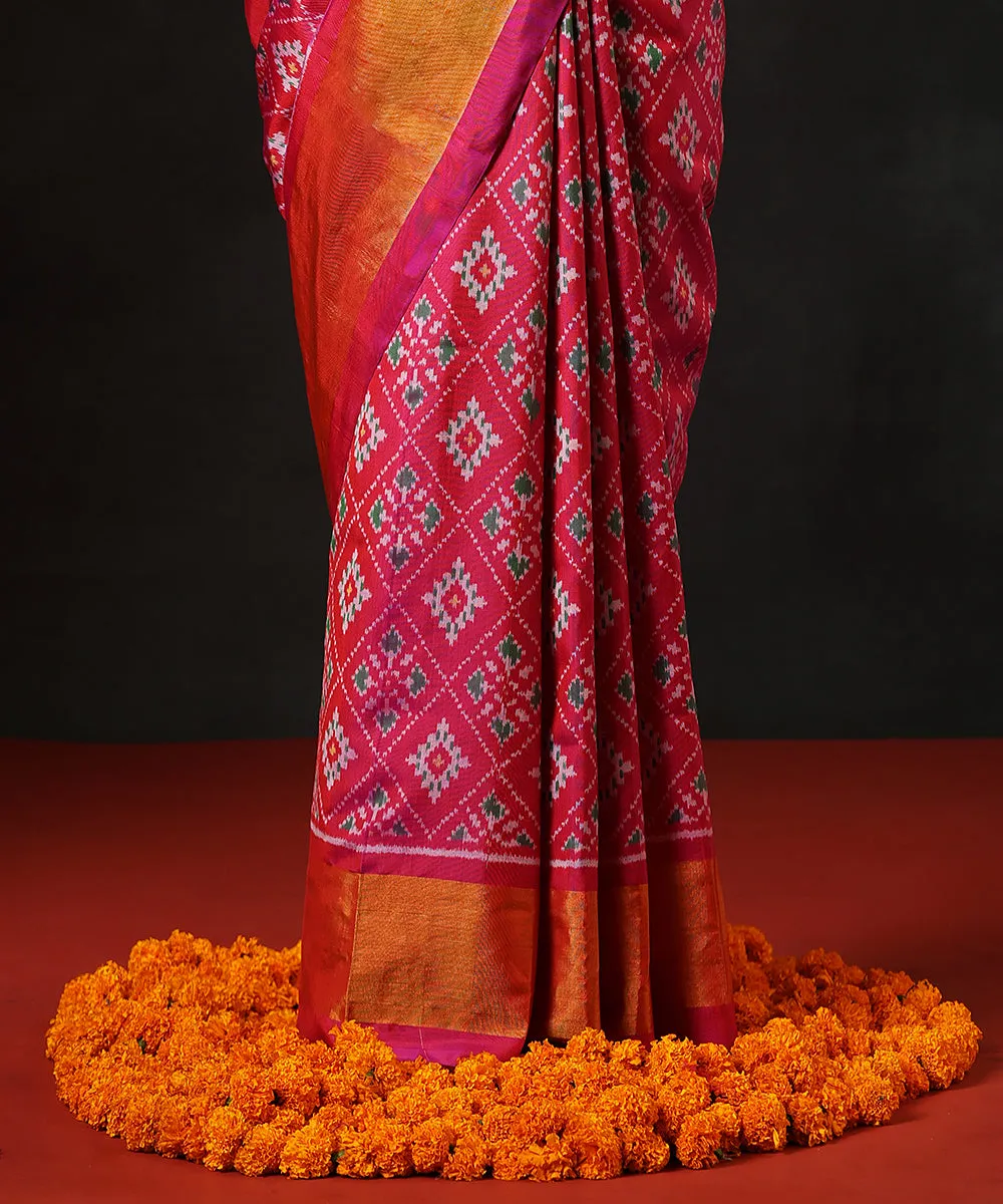 Handloom Rani Pink Double Shade Pure Mulberry Silk Single Ikat Patola Saree With Tissue Border