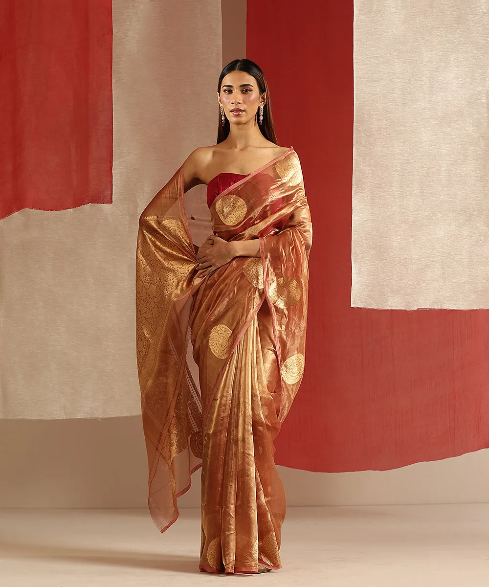 Handloom Rose Pink And Gold Pure Tissue Silk Banarasi Saree With Kadhwa Boota