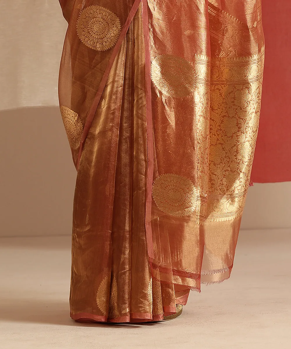 Handloom Rose Pink And Gold Pure Tissue Silk Banarasi Saree With Kadhwa Boota