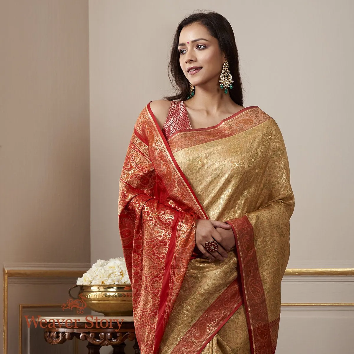 Handwoven Beige and Red Katan Silk Gharchola Saree