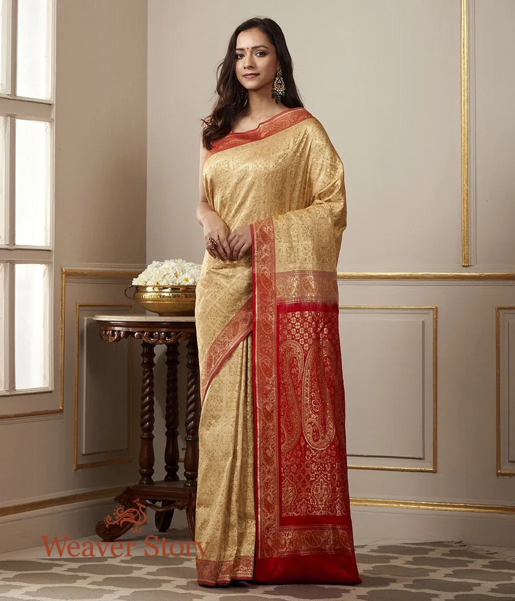 Handwoven Beige and Red Katan Silk Gharchola Saree