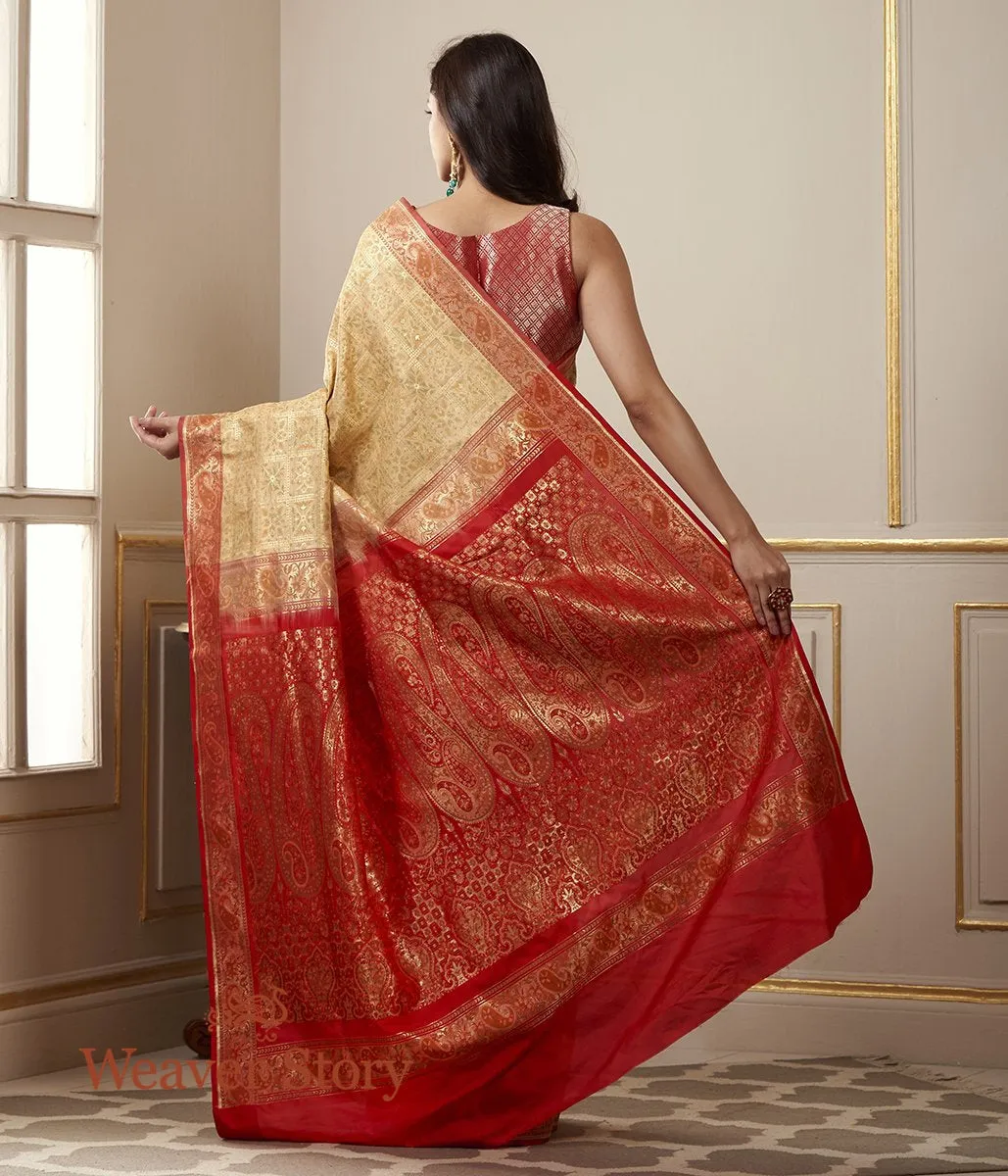 Handwoven Beige and Red Katan Silk Gharchola Saree