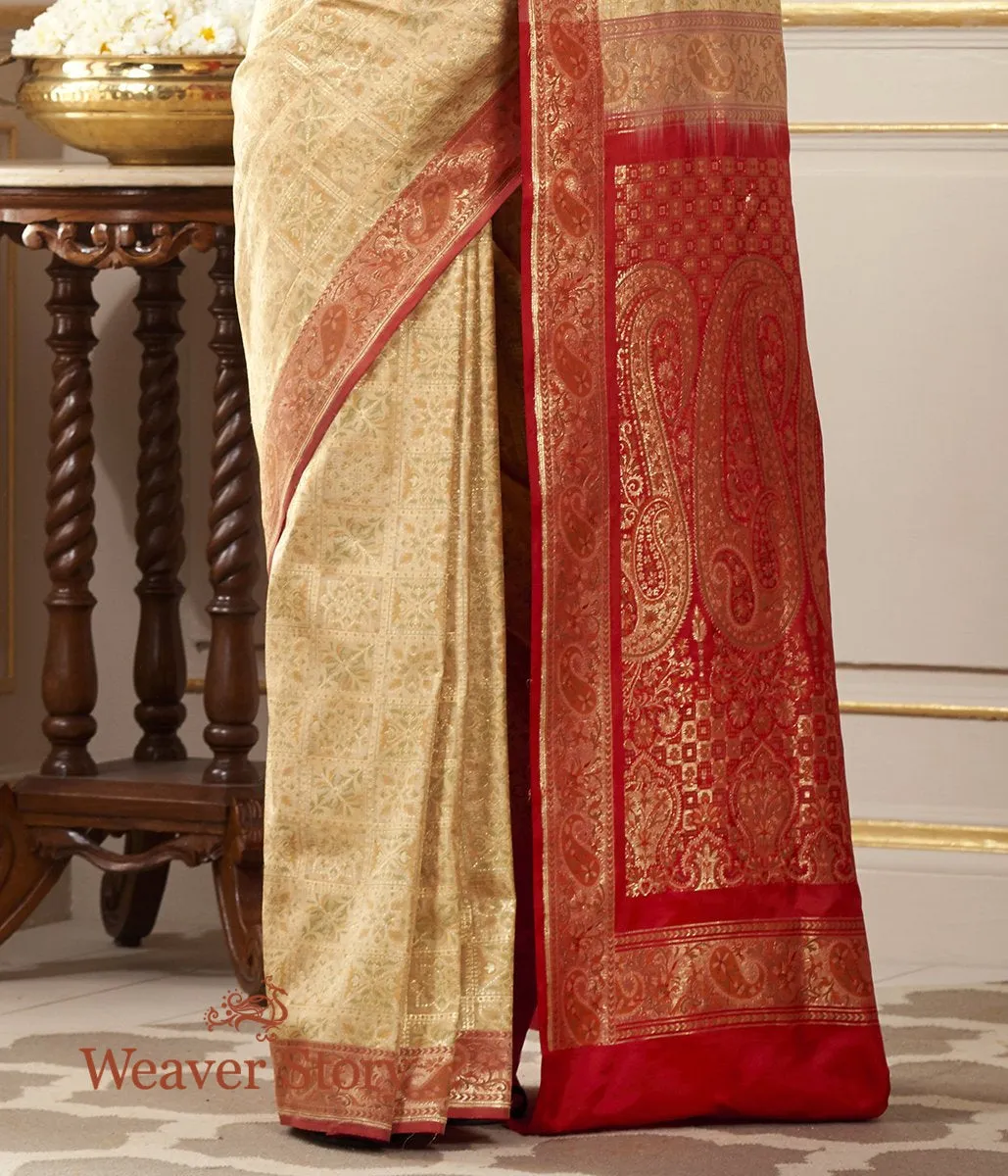 Handwoven Beige and Red Katan Silk Gharchola Saree