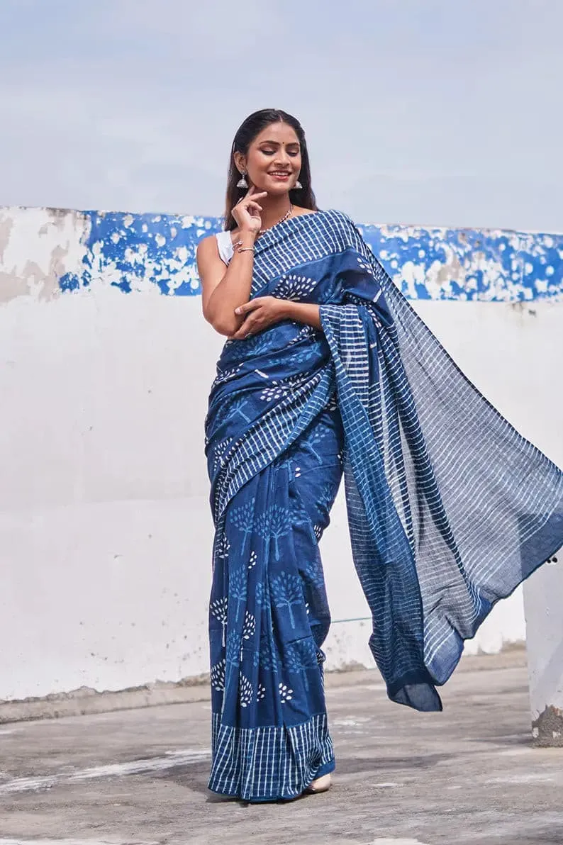 Indigo Spells - Dabu Hand Block Print Mulmul Cotton Bagru Saree