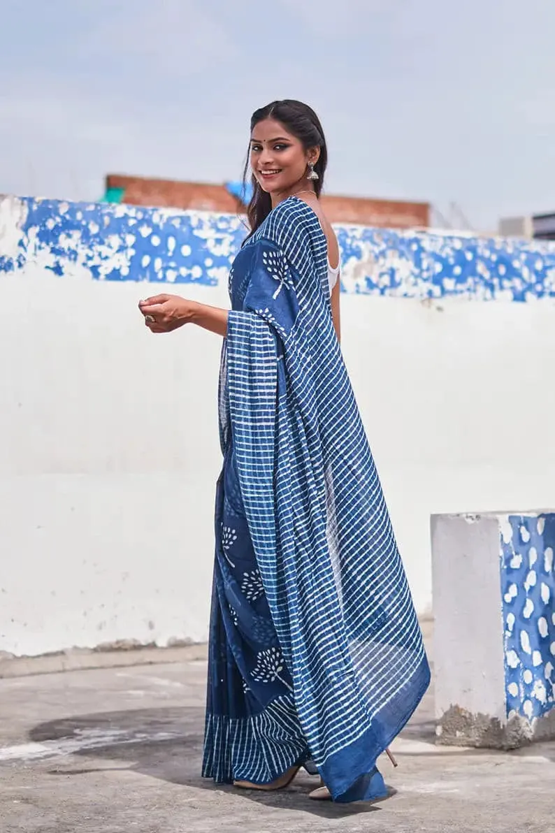 Indigo Spells - Dabu Hand Block Print Mulmul Cotton Bagru Saree