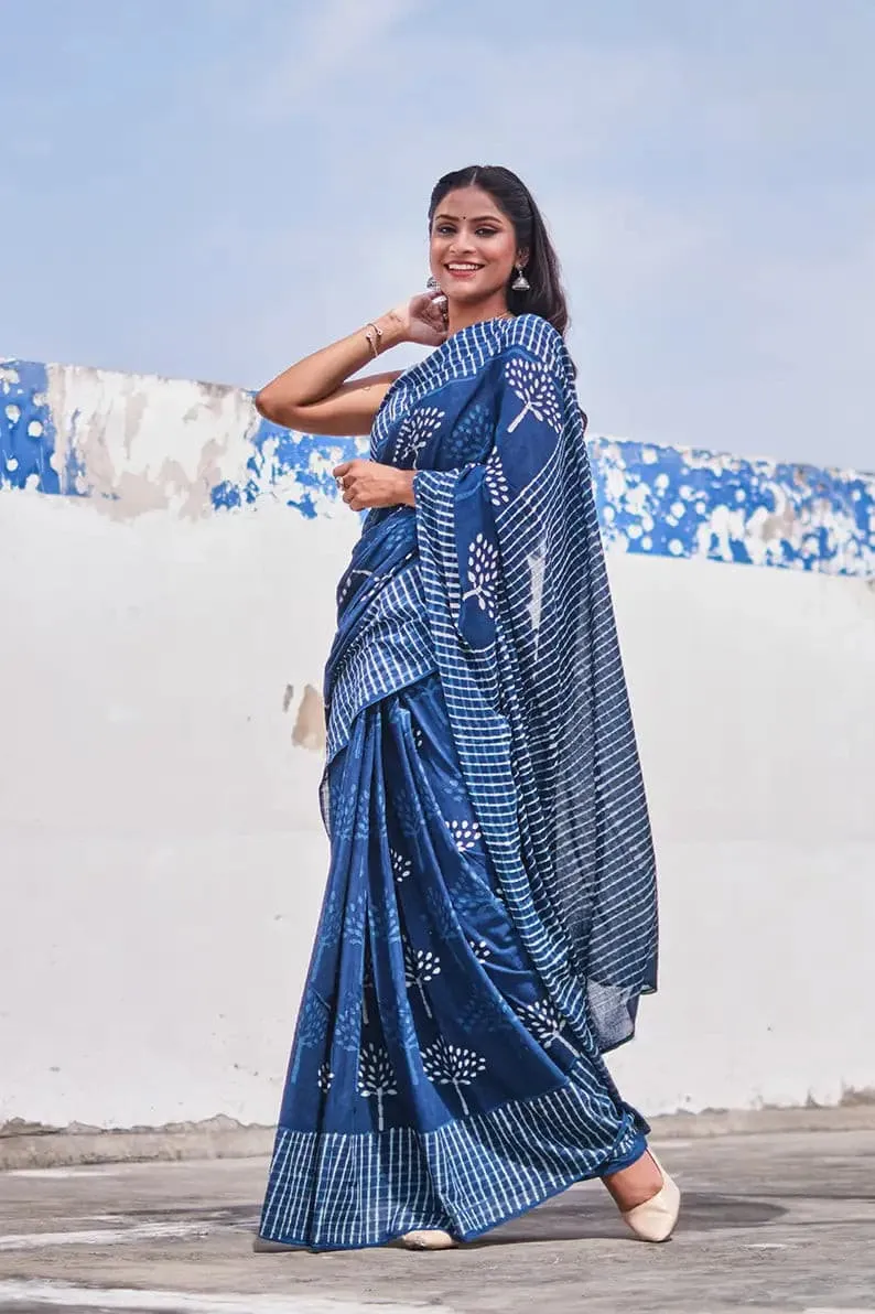 Indigo Spells - Dabu Hand Block Print Mulmul Cotton Bagru Saree