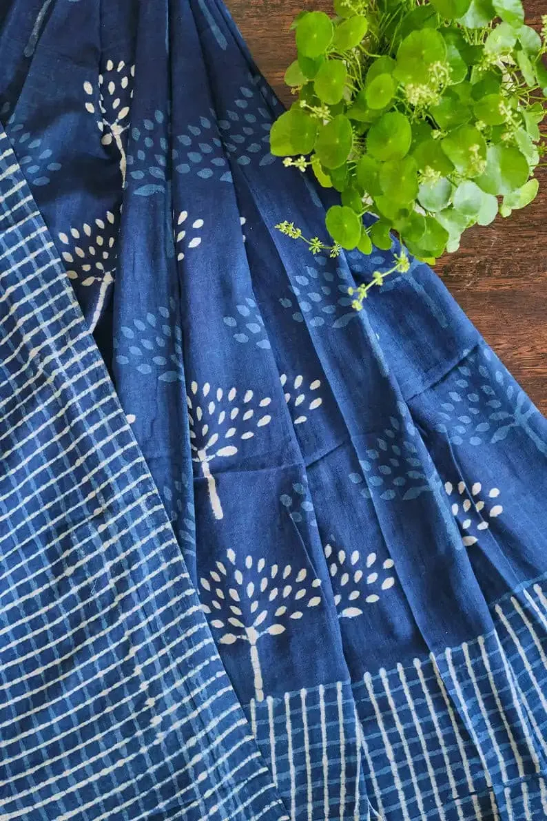 Indigo Spells - Dabu Hand Block Print Mulmul Cotton Bagru Saree