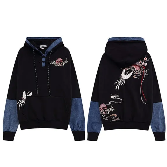 Japanese Minka Crane Bridge Patchwork Hoodie