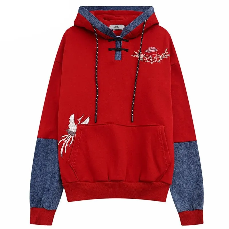 Japanese Minka Crane Bridge Patchwork Hoodie