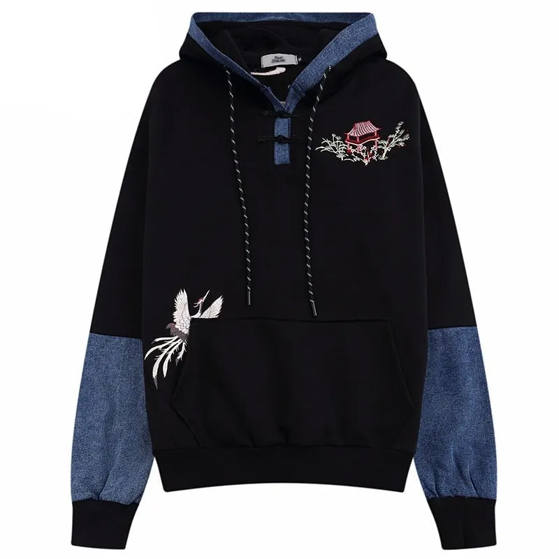 Japanese Minka Crane Bridge Patchwork Hoodie