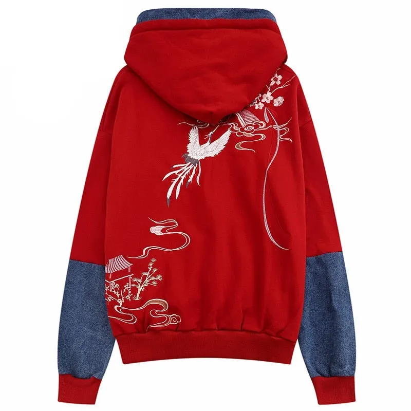 Japanese Minka Crane Bridge Patchwork Hoodie