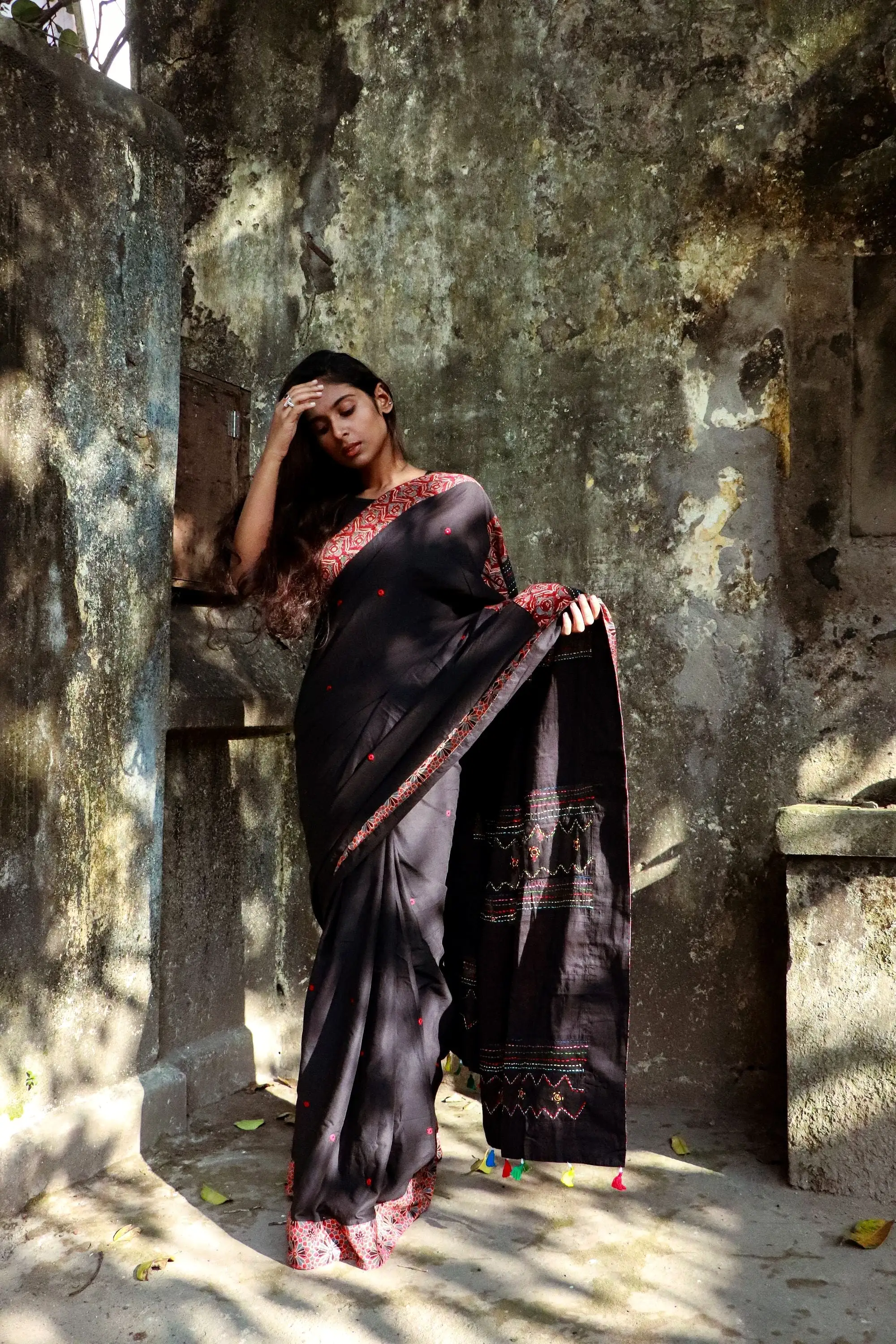 Jharokha -  Black and Red Ajrakh handblockprinted patchwork Gudri Barmer saree