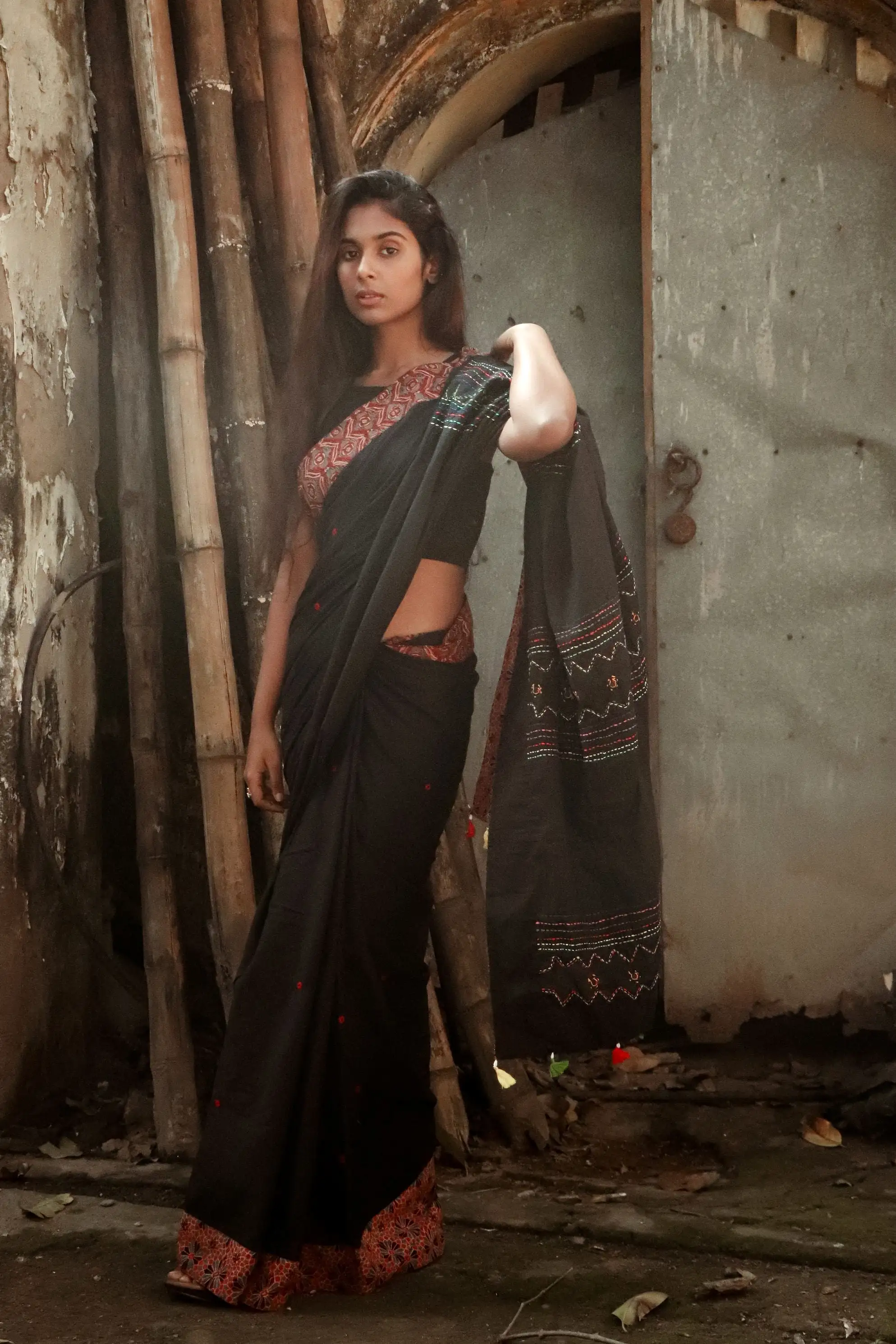 Jharokha -  Black and Red Ajrakh handblockprinted patchwork Gudri Barmer saree