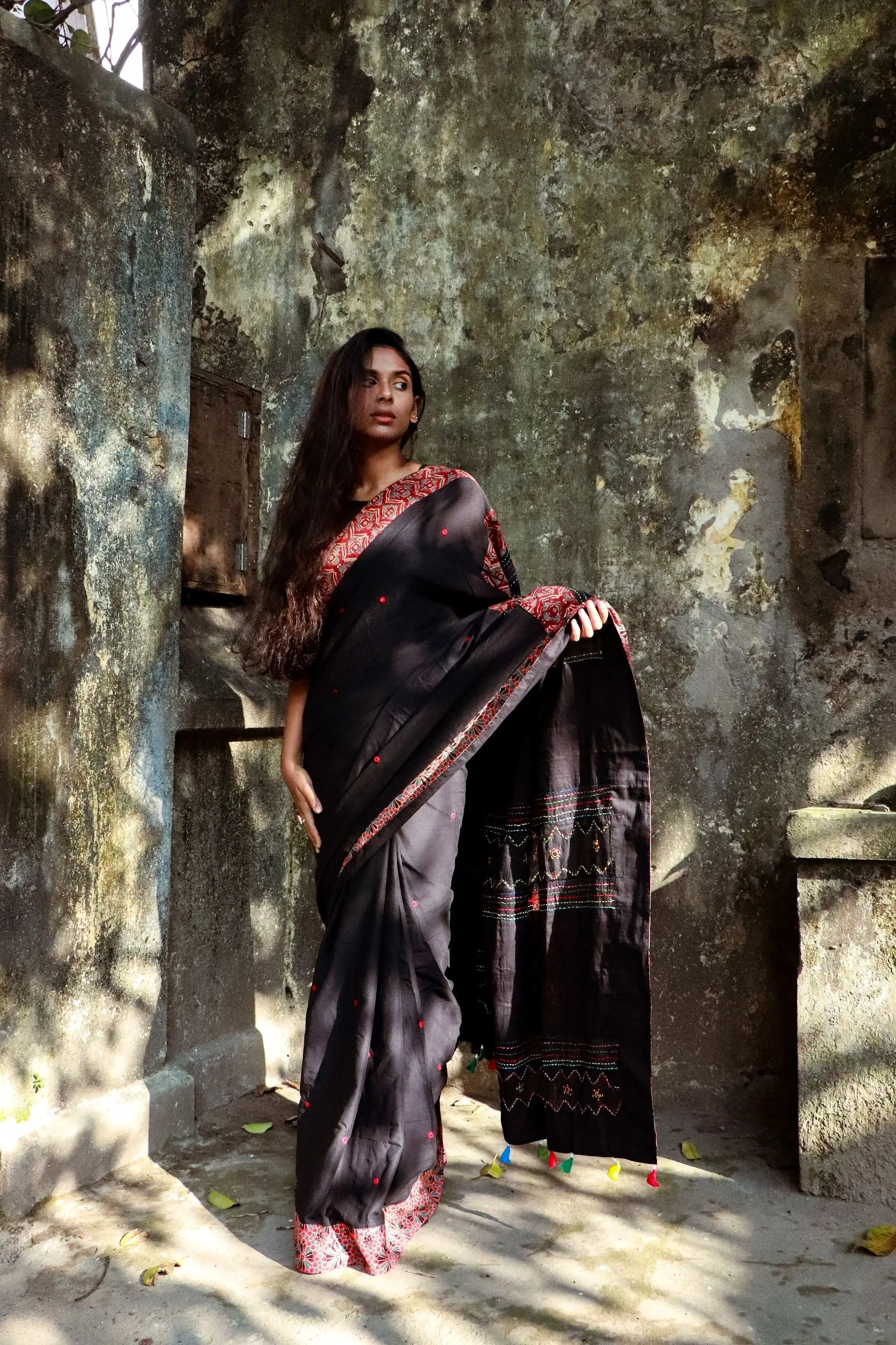 Jharokha -  Black and Red Ajrakh handblockprinted patchwork Gudri Barmer saree