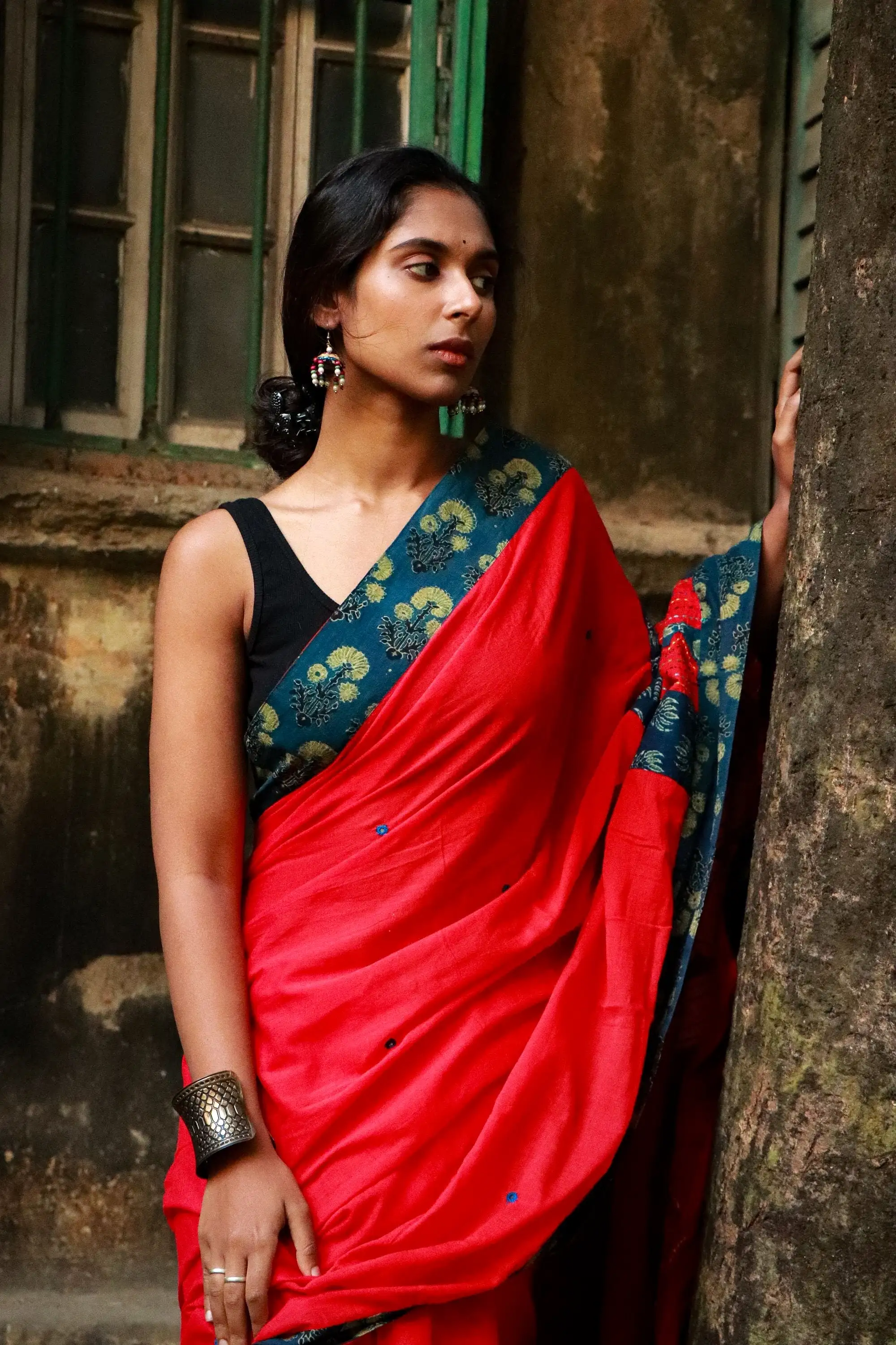 Jharokha -  Blue and Red Ajrakh handblockprinted patchwork Gudri Barmer saree