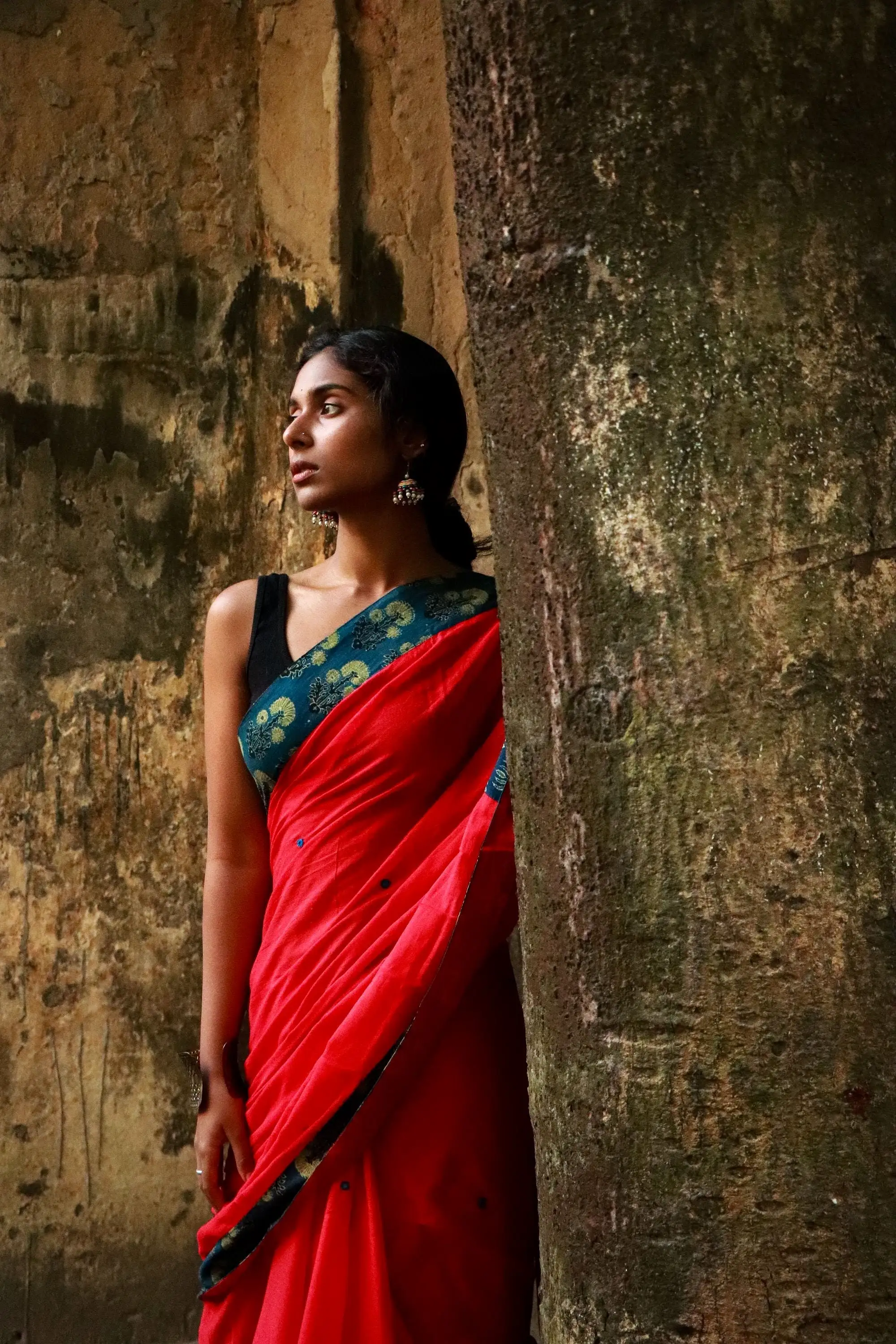 Jharokha -  Blue and Red Ajrakh handblockprinted patchwork Gudri Barmer saree