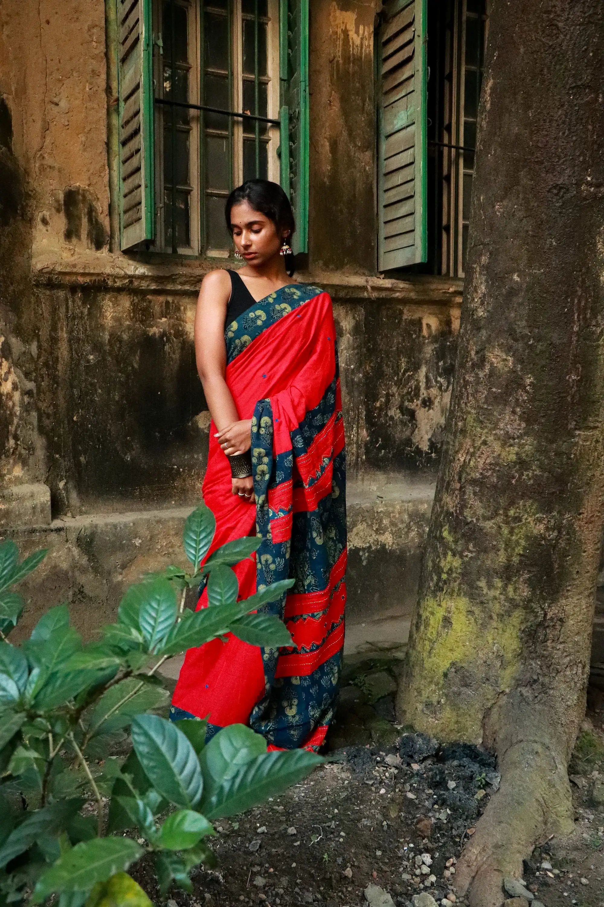 Jharokha -  Blue and Red Ajrakh handblockprinted patchwork Gudri Barmer saree