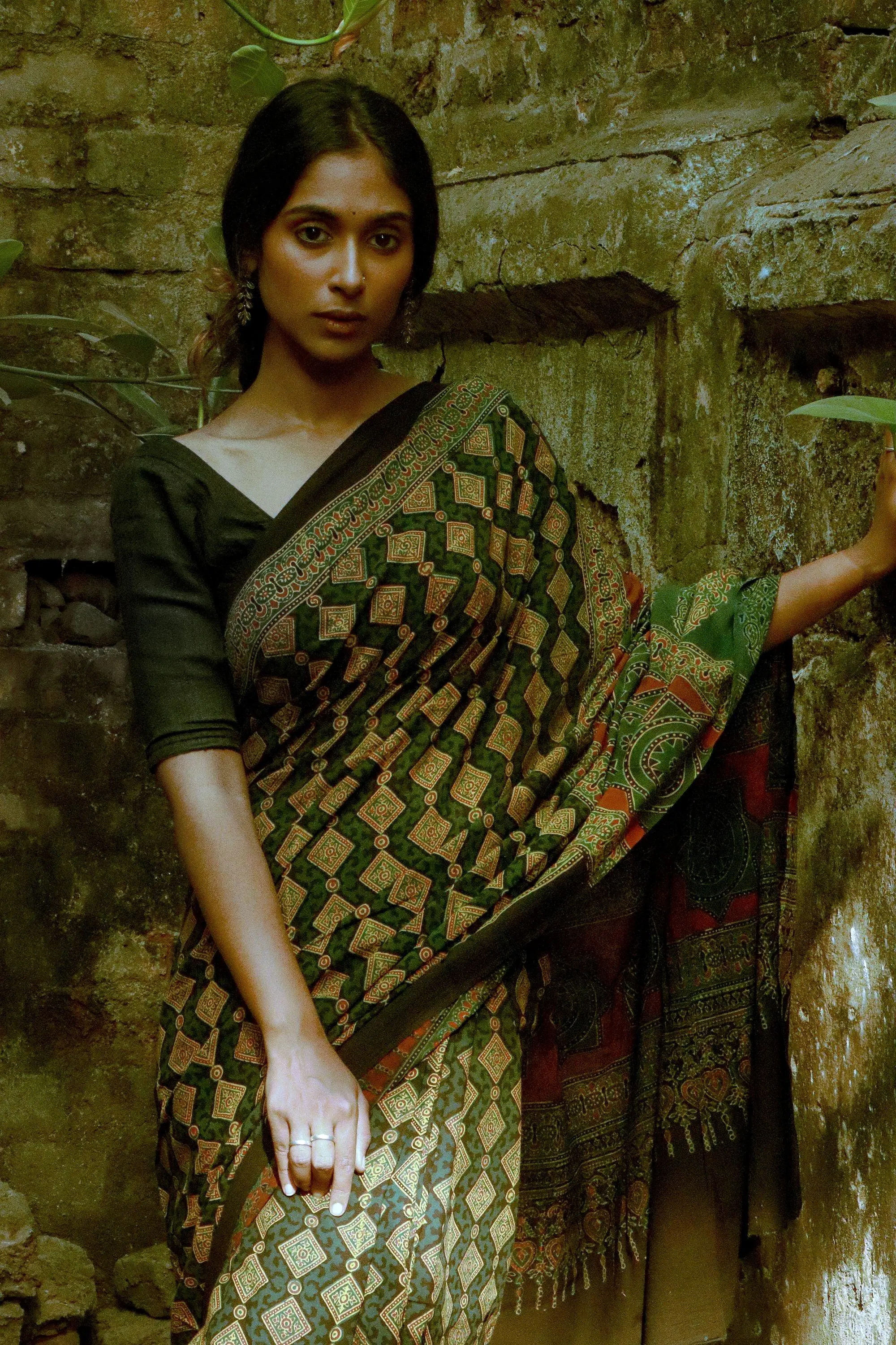 Jharokha -  Green Ajrakh handblockprinted saree